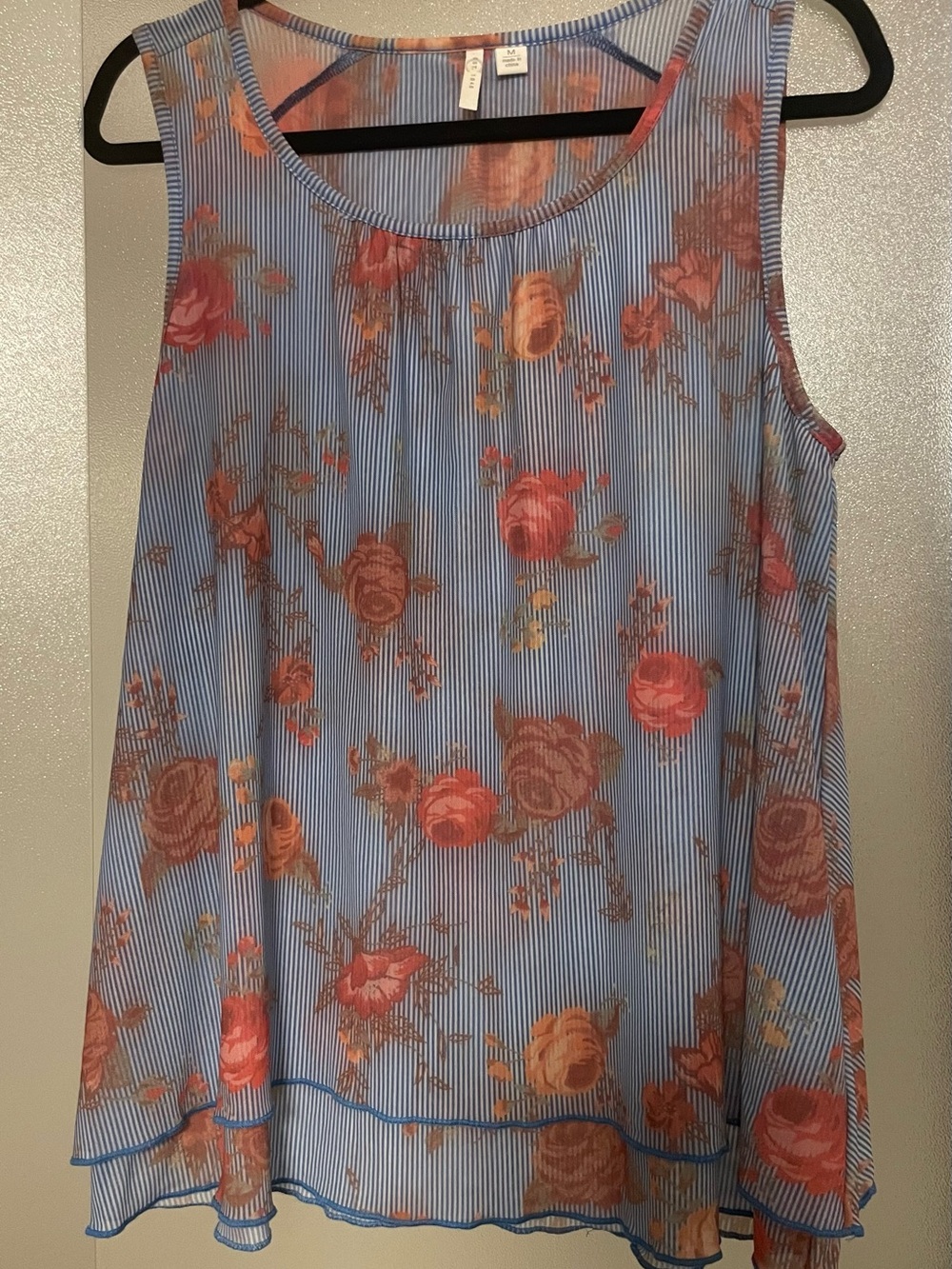 Sleeveless Floral Stripe Camisole - Blue with Coral Rose Print
